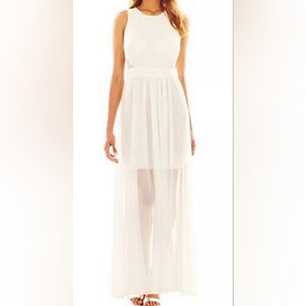 Bisou Bisou Sheer White Sleeveless, Cut Out Maxi Dress  14
